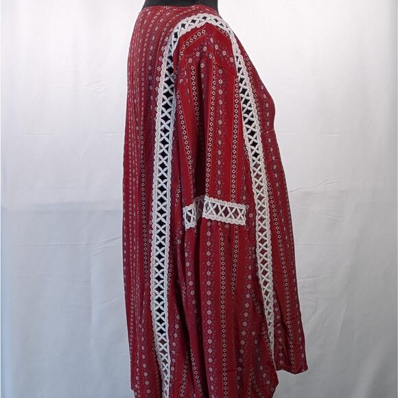 Boho Red Peasant Blouse XXL Tribal Print White Lace V-Neck Long Sleeve Top - Picture 8 of 12
